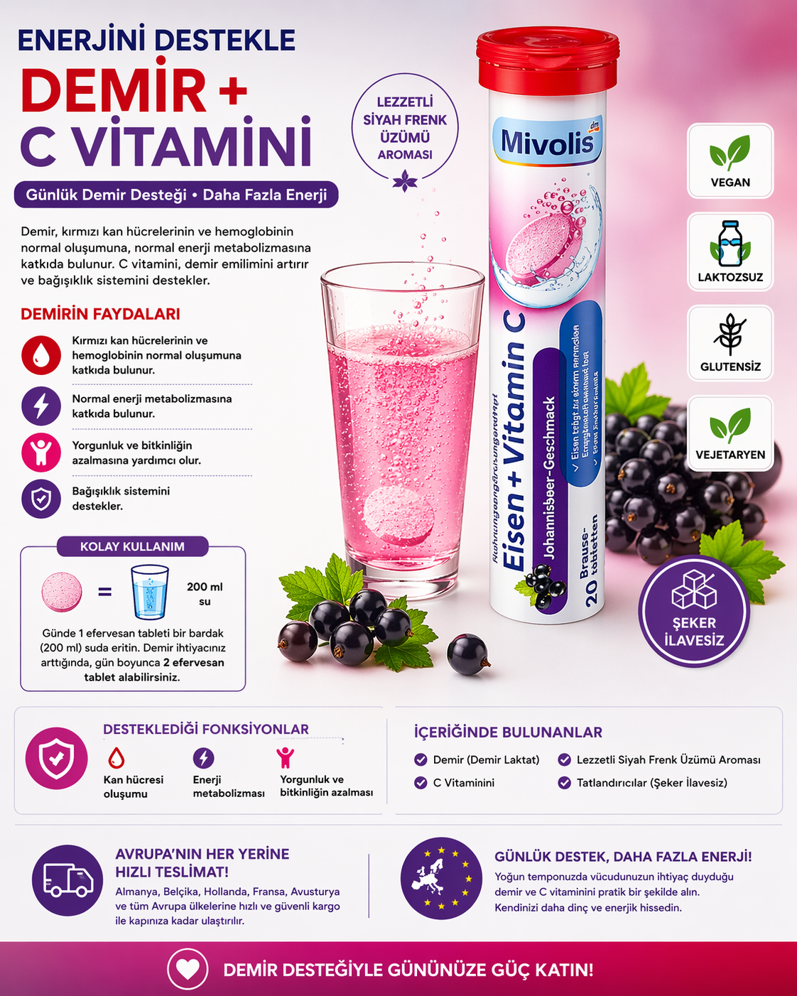 Günlük Enerji ve Demir Desteği: Demir + C Vitamini Efervesan Tablet
