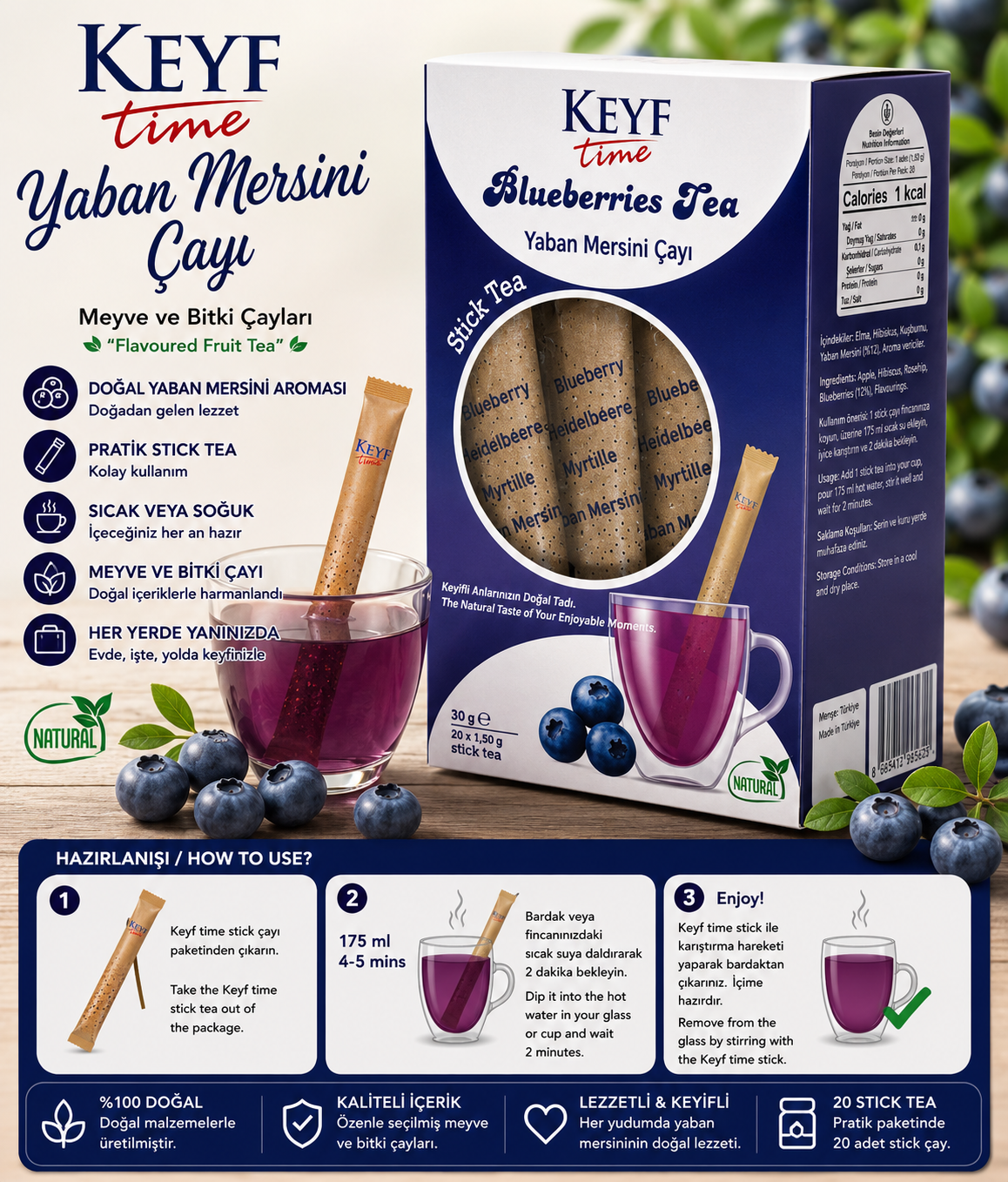 Keyf Time Yaban Mersini Çayı – 20 Adet Stick Tea
