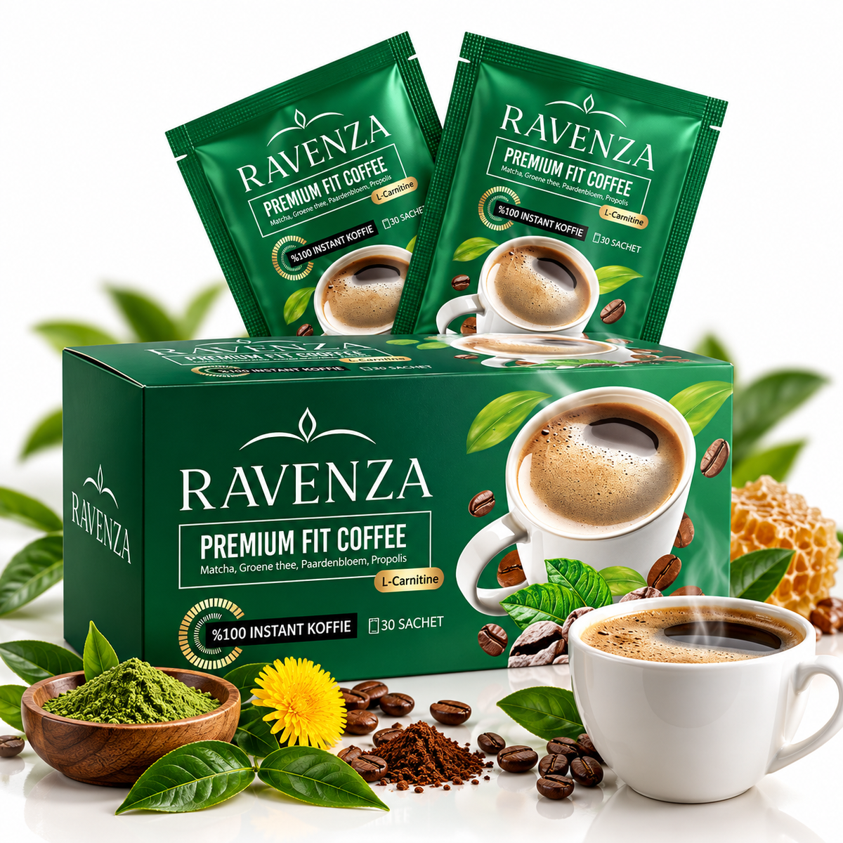 Ravenza Premium Fit Kahve – L-Karnitin, Yeşil Çay, Karahindiba ve Propolis İçeren Hazır Matcha Kahve – 30 Poşet