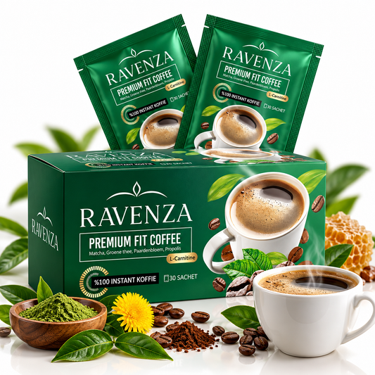 قهوة Ravenza Premium Fit – قهوة ماتشا سريعة التحضير تحتوي على إل-كارنيتين، شاي أخضر، هندباء، وعكبر – 30 كيسًا