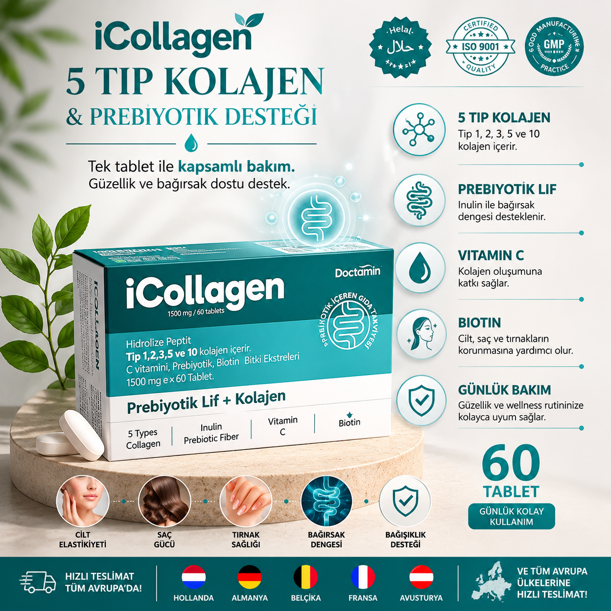 iCollagen – 5 Tip Kolajen ve Prebiyotik Desteği